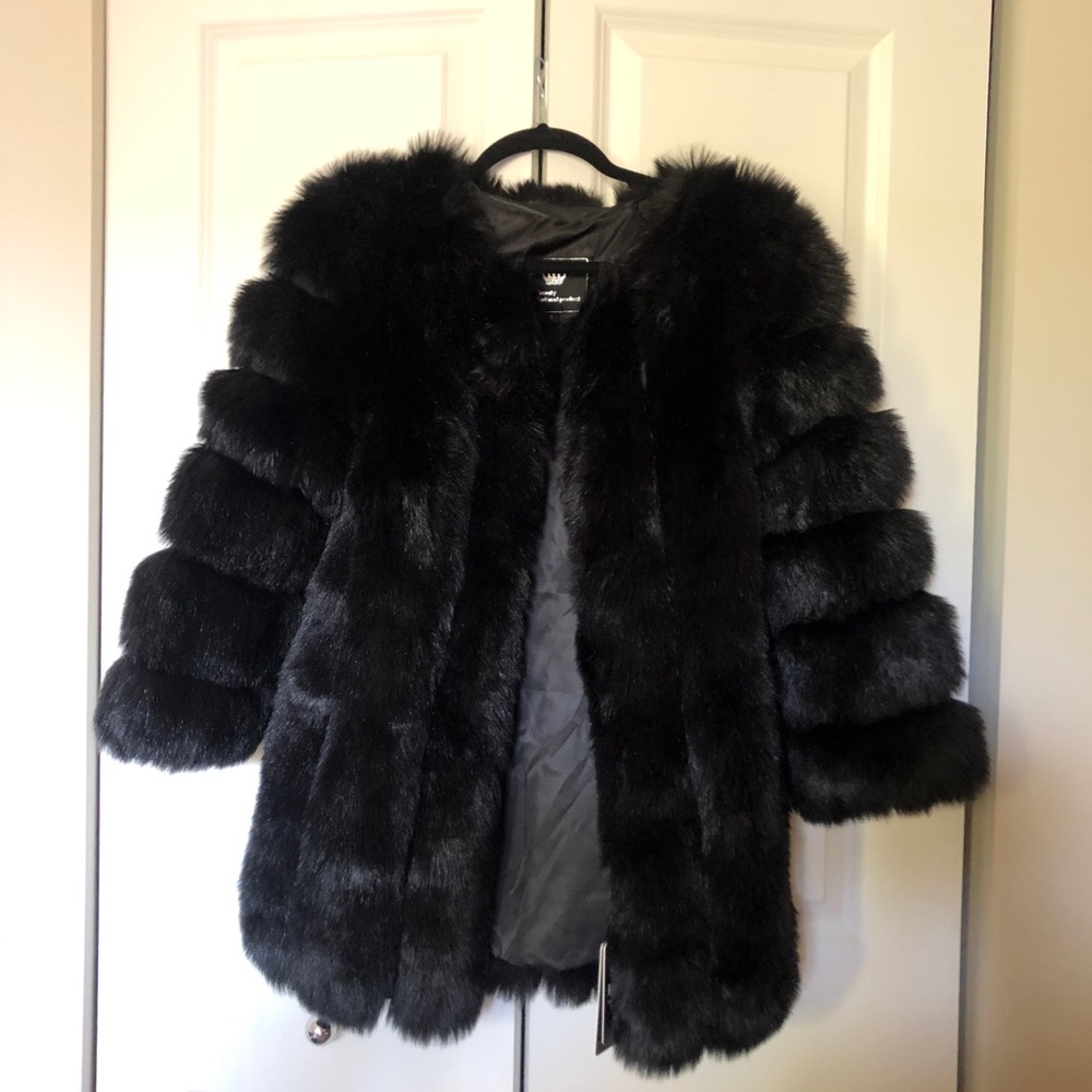 A black faux fur bubble coat